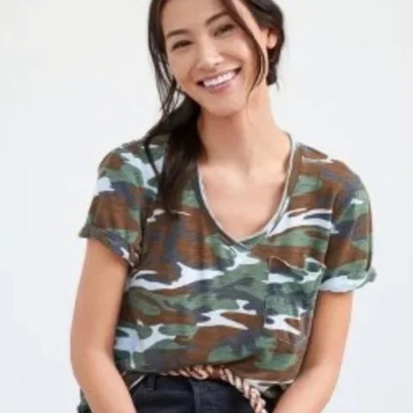 T.La Tops - NWOT T.LA Anthropologie V-neck Roll Cuff Camo Print in Guacamole